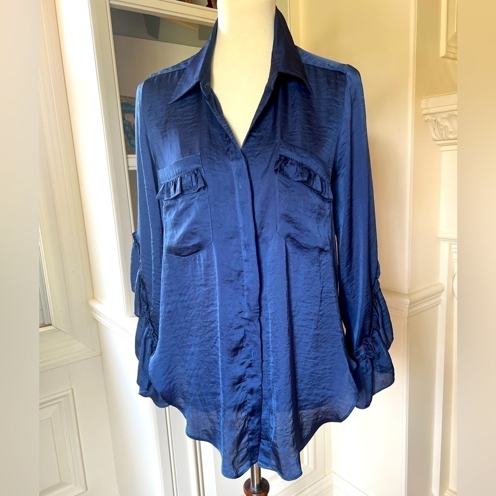 Misa Romantic Ruffle silky blue button down top ruffle 7/8 sleeve size small